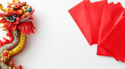 A vibrant dragon and red envelopes capture the festive spirit of Chinese New Year