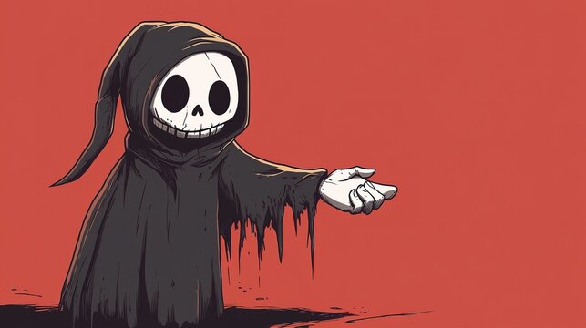 Dark humor cartoon with a grim reaper character offering a handshake