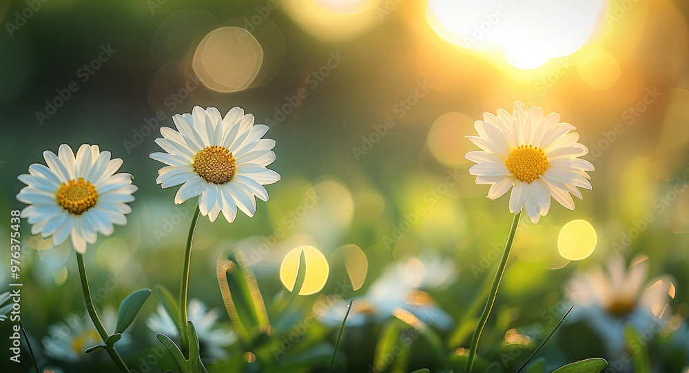 Aufkleber green sunny spring meadow with daisies. blurred background with light bokeh. generative ai.