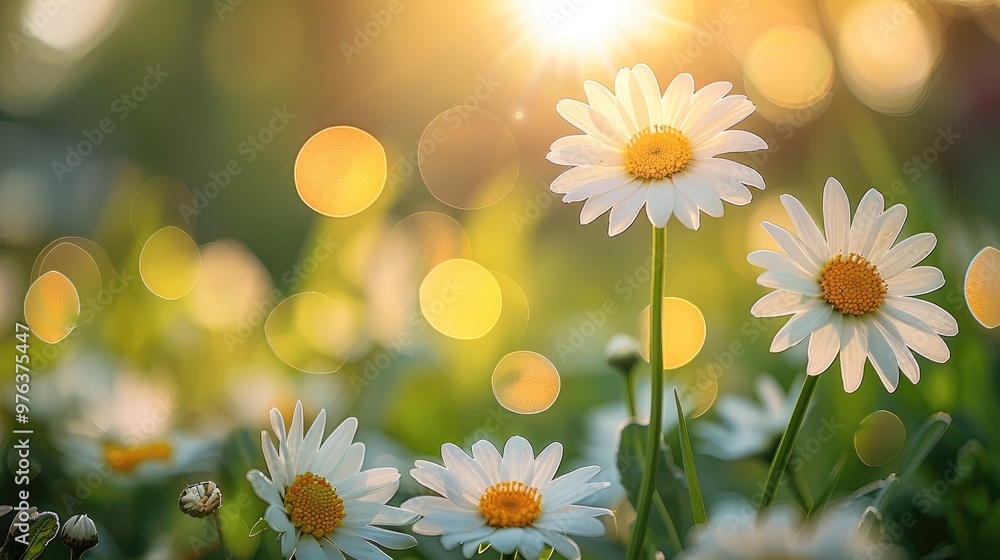 Aufkleber green sunny spring meadow with daisies. blurred background with light bokeh. generative ai.