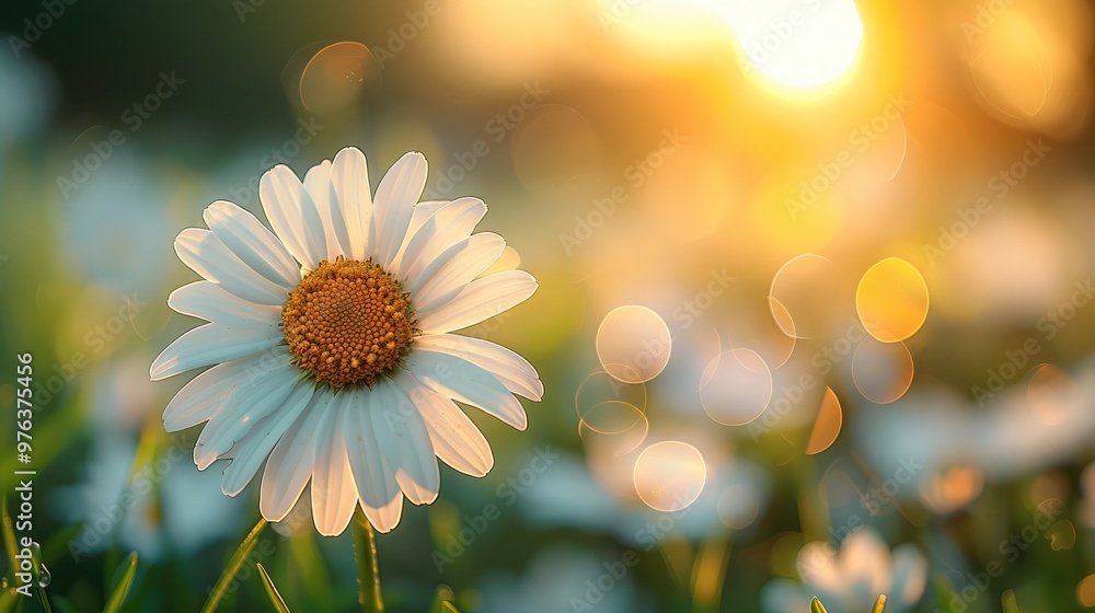 Poster Green sunny spring meadow with daisies. Blurred background with light bokeh. Generative AI.