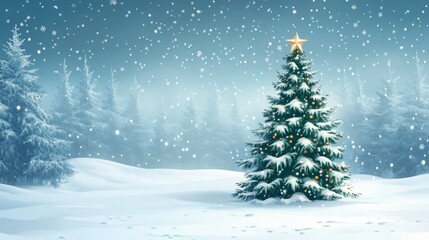 Winter sunset with a snow-covered pine tree and mountains in a serene landscape