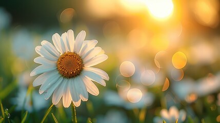 Green sunny spring meadow with daisies. Blurred background with light bokeh. Generative AI.