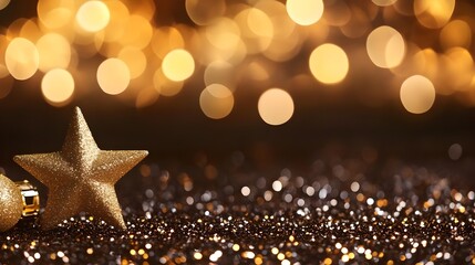 Gold Star and Glitter with Bokeh Lights - Festive Background