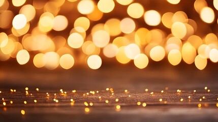 Golden Bokeh Lights on Brown Wooden Background