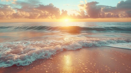 Breathtaking sunset over the serene shimmering ocean waves lapping against the golden sand of a picturesque tropical beach  Tranquil calming and inviting