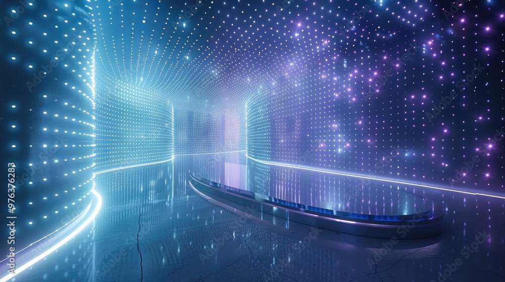 Poster exhibition stand composed of countless glowing light dots, futuristic design, ethereal light particl