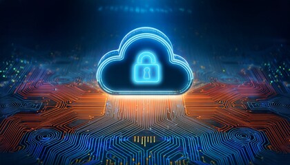 Illustration of a glowing cloud icon with a lock in the center, representing cloud data security and cybersecurity in cloud computing environments. Generative AI