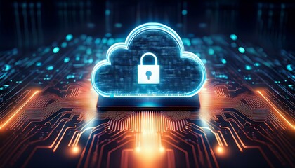 Illustration of a glowing cloud icon with a lock in the center, representing cloud data security and cybersecurity in cloud computing environments. Generative AI