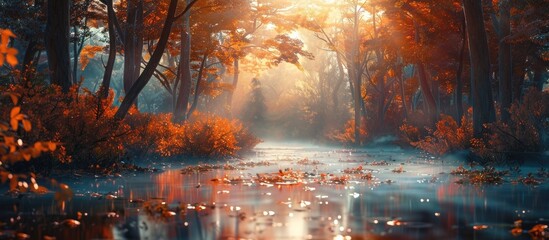 Fototapeta premium Enchanting autumn landscape with a misty river flowing through a lush forest surrounded by vibrant fall foliage and a warm dreamlike atmosphere