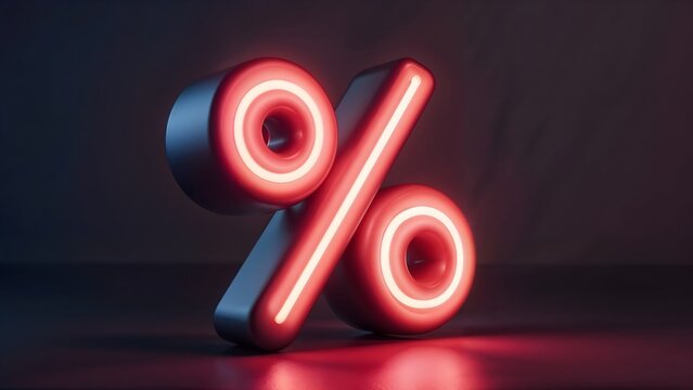 A glowing, neon red percent sign sits in a dark space, with a blurred gradient background