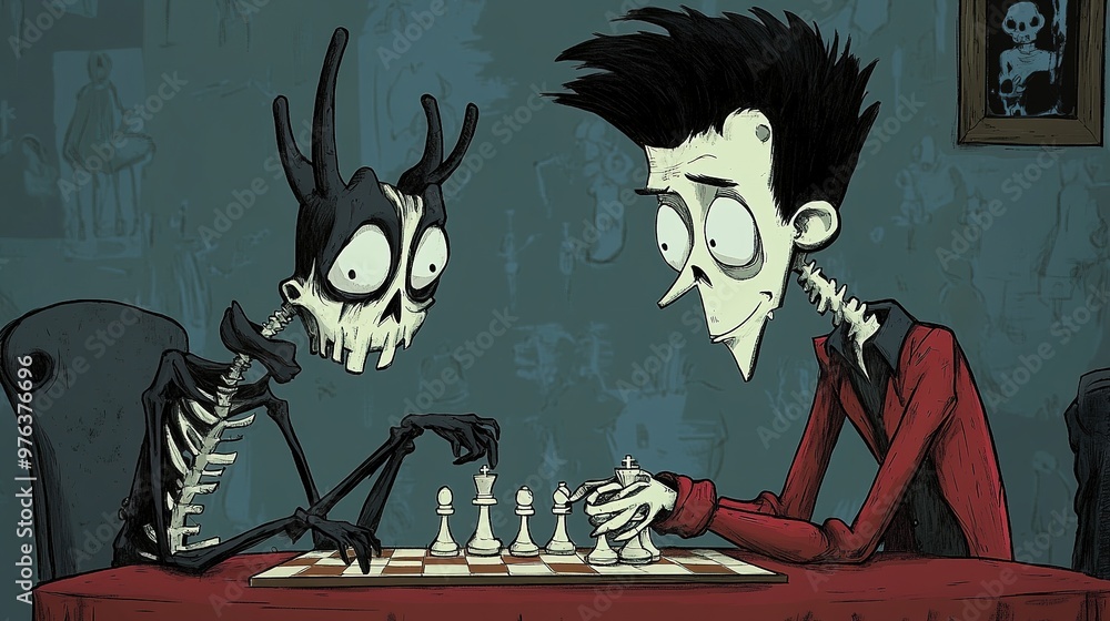 Wall mural dark humor cartoon featuring a person playing chess with death, looking nonchalant