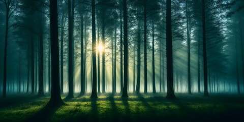Sunlight pierces through the fog in a dark forest, illuminating a grassy clearing