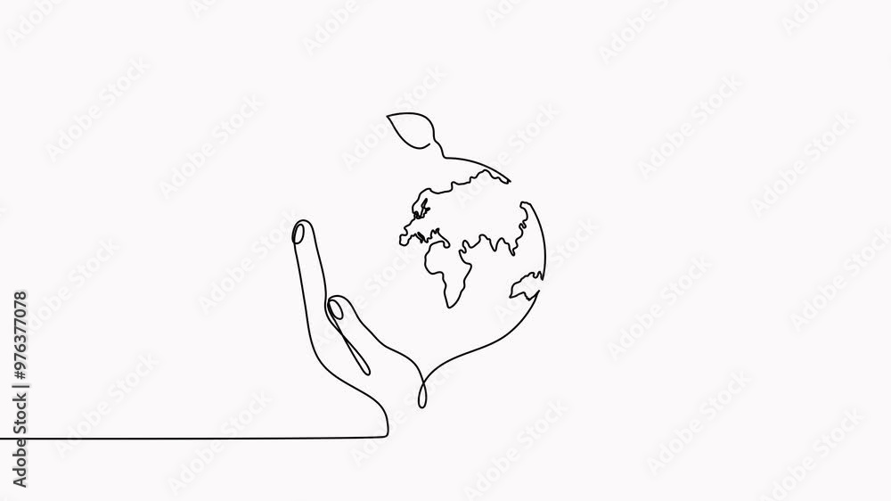 Poster human hands holding earth globe with leaves continuous line drawn animation. animated linear world m