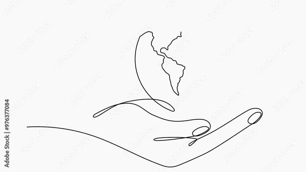 Poster hand holding earth globe with leaves continuous line drawn animation. animated linear world map with