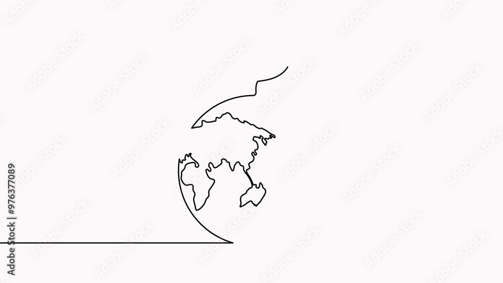 Poster leaf with earth globe continuous line drawn animation. animated linear world map with plant. save pl