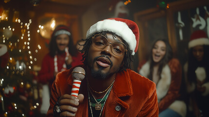 man of color with dreadlocks and a christmas hat singing microphone karaoke with style and party attitude on christmas eve
