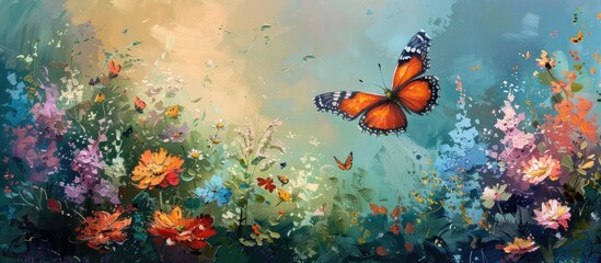 Fototapeta premium Ethereal Butterfly with Delicate Wings Soaring Through a Vibrant Colorful Garden Landscape Filled with Blooming Flowers and Lush Foliage