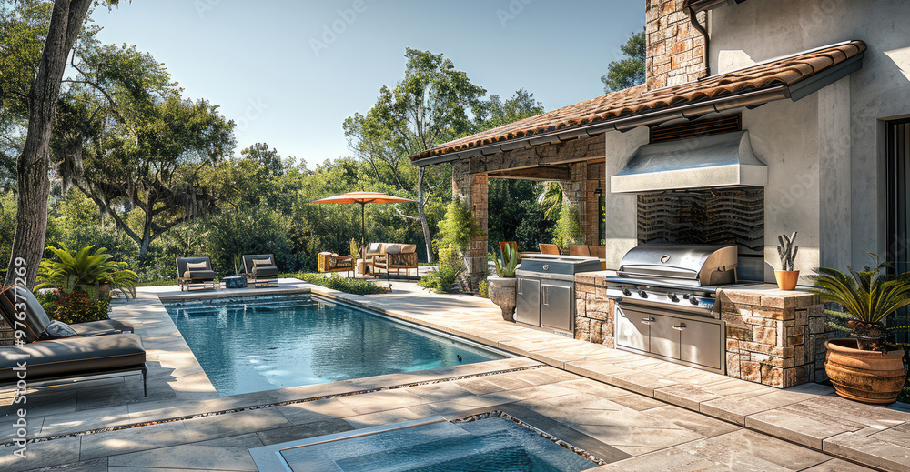 Poster bbq station in the yard of a villa with a pool next to it. generative ai.