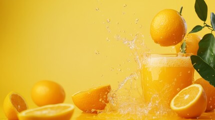 A high-quality stock image of freshly squeezed orange juice with whole and sliced oranges on the right side, leaving space on the left for text. Ideal for juice advertisements, health products.