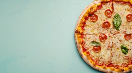 A high-quality stock image of a freshly made margarita pizza with a crispy crust, melted mozzarella cheese, and fresh basil on the right side, leaving space on the left for text.