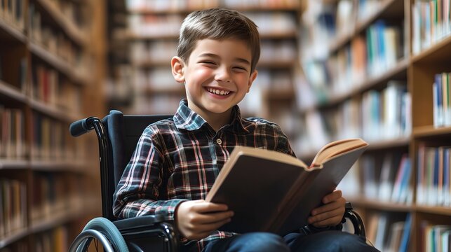 Inclusive image of a happy cute disabled school student in a wheelchair reading a book in a library. Young boy with disability learning in a classroom. Inclusion & diversity in education concept - Powered by Adobe