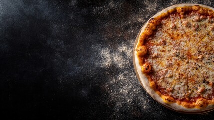 A high-quality stock image of a freshly made margarita pizza with a crispy crust, melted mozzarella cheese, and fresh basil on the right side, leaving space on the left for text.