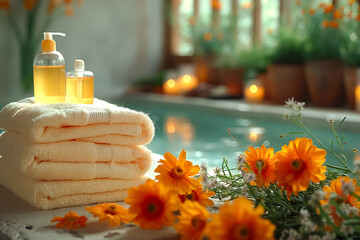 Soft towels are neatly stacked beside aromatic oils and vibrant flowers, creating a peaceful atmosphere near a calming bath filled with natural light