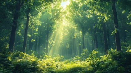 Lush forest with sunlight filtering through trees, creating a serene atmosphere.