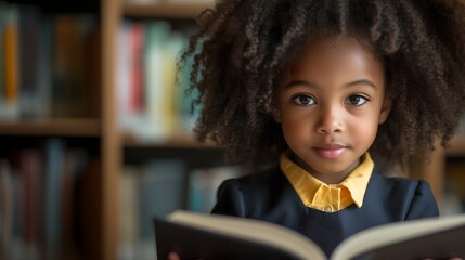 Young black african american female school student reading educational book in college library
