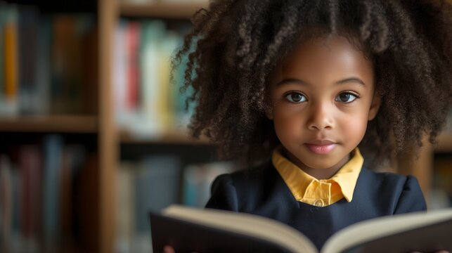 Young black african american female school student reading educational book in college library