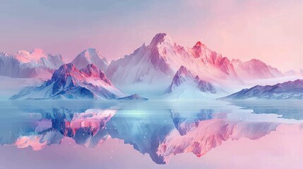 Fototapeta premium Breathtaking view of towering snowcapped mountain peaks reflected in a tranquil glacial lake at a magical golden hour sunset The ethereal dreamlike landscape evokes a sense of solitude wonder