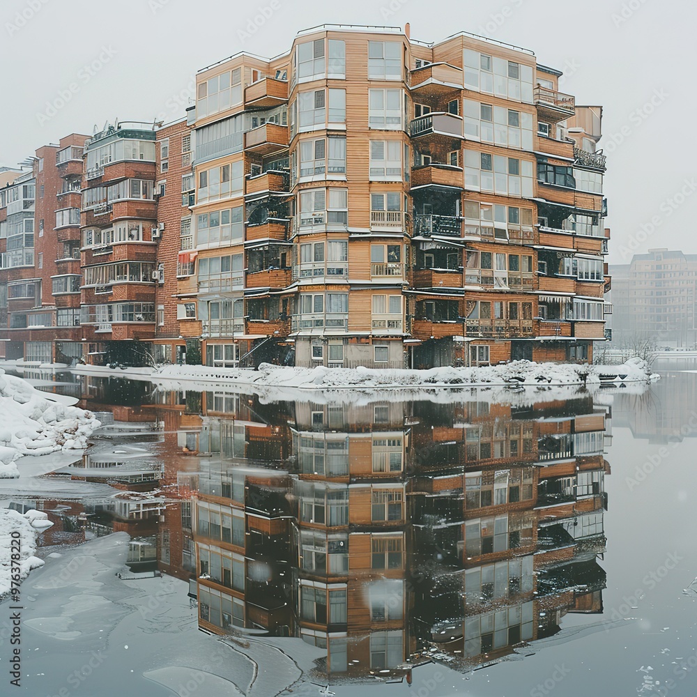 Poster a large building with a reflection of it in the water