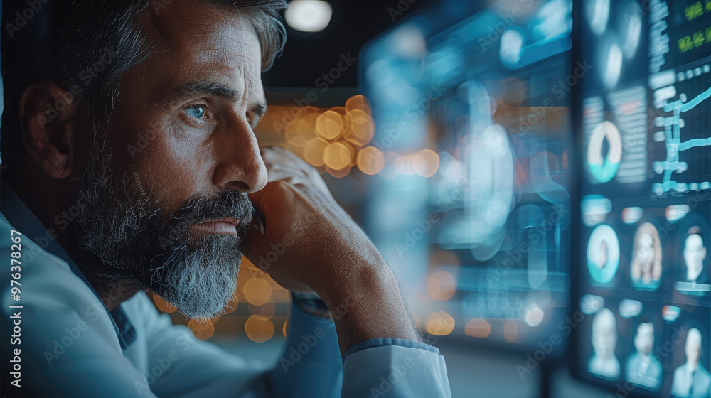 Poster A modern office setting where a headhunter and AI technology collaborate seamlessly. attentively reviewing a candidate profile on one screen while an AI-powered system analyzes data on another.