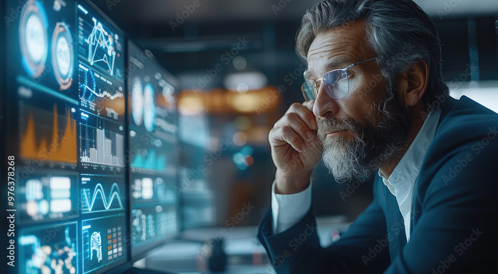 Poster A modern office setting where a headhunter and AI technology collaborate seamlessly. attentively reviewing a candidate profile on one screen while an AI-powered system analyzes data on another.