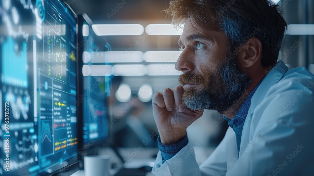 Poster A modern office setting where a headhunter and AI technology collaborate seamlessly. attentively reviewing a candidate profile on one screen while an AI-powered system analyzes data on another.