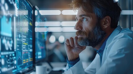 A modern office setting where a headhunter and AI technology collaborate seamlessly. attentively reviewing a candidate profile on one screen while an AI-powered system analyzes data on another.