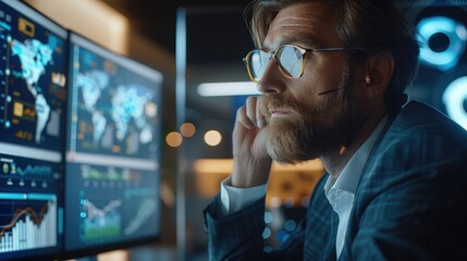 A modern office setting where a headhunter and AI technology collaborate seamlessly. attentively reviewing a candidate profile on one screen while an AI-powered system analyzes data on another.