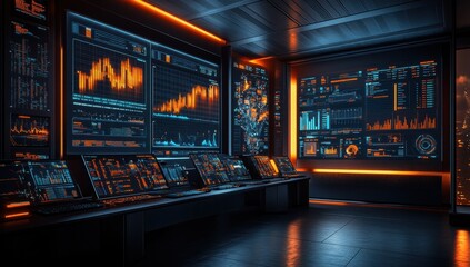 A futuristic control room with multiple computer screens displaying complex data and glowing in orange and blue hues.