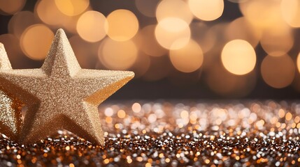 Golden Star on Glittery Background, Festive Bokeh Lights
