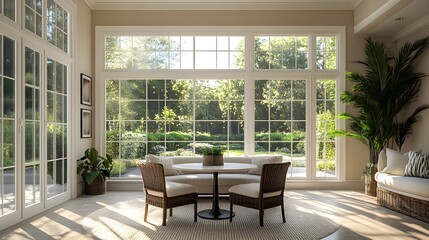 Cushioned seating and round table enhance this bright breakfast nook image