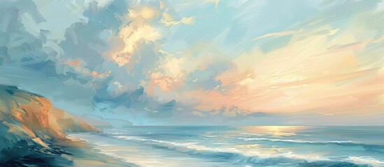 Fototapeta premium Dramatic seascape with a stunning sunset sky filled with vibrant orange and pink hues reflecting on the rolling waves crashing against the rugged rocky coastline