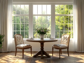 Cozy breakfast nook with round table, filled with sunlight and cushions picture