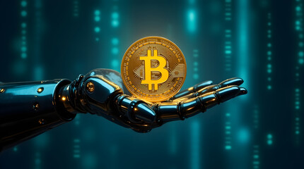 Robot hand holding golden bitcoin coin on background with binary code. Cryptocurrency concept. Generative AI