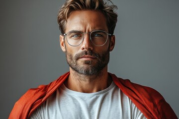 Fototapeta premium A confident young man with glasses and a beard, donning a superhero costume with a red cape draped over his shoulders, radiating strength and determination.