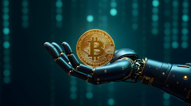 Robot hand holding golden bitcoin coin on background with binary code. Cryptocurrency concept. Generative AI