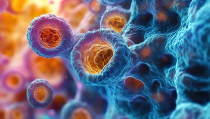 A vibrant, close-up depiction of various cells in a fluid, dynamic formation, blending science and art with intricate details and rich colors.