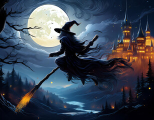 A mysterious witch soars through the night sky on her broomstick, casting a spell over a moonlit castle.