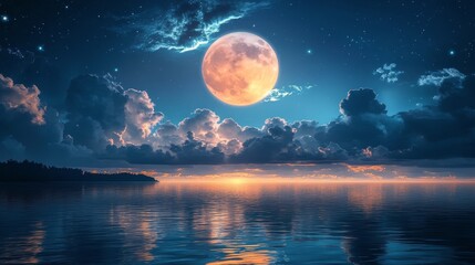 Fototapeta premium Nighttime reflection of a full moon over a calm lake with city lights in the background