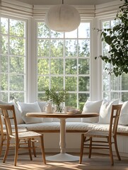 Bright breakfast nook with a round table and comfy cushions